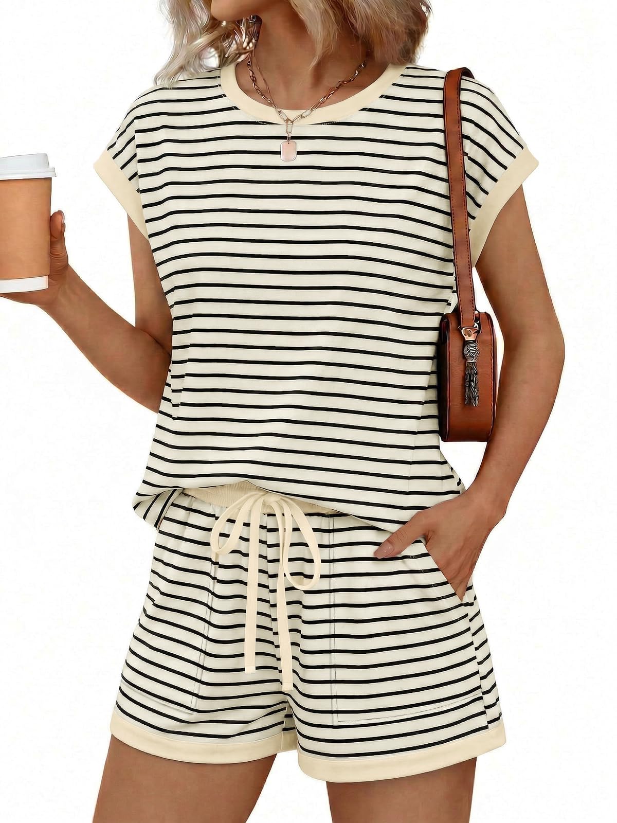 Womens Crew Neck Two Piece Short Sets Cap Sleeve Drawstring Summer Sweatsuit with Pocket