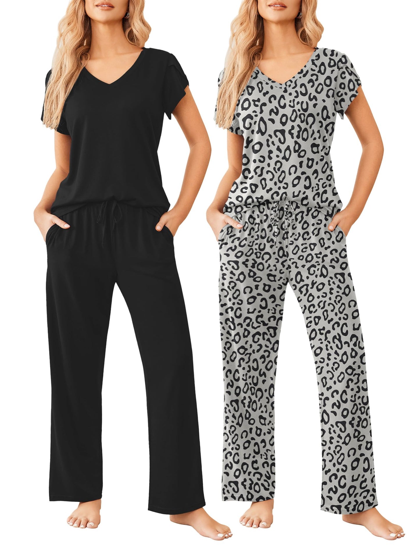 2 Pack Womens Pajamas Short Sleeve Sleepwear Top with Pants Super-Soft Printed Lounge Sets S-XXL