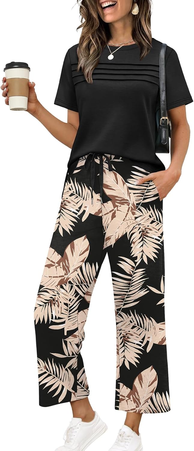 Two Piece Sets for Women Summer Spring Travel Vacation Outfits Short Sleeve Lounge Sets Side Slit Wide Leg Pants S-3XL