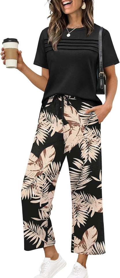 Two Piece Sets for Women Summer Spring Travel Vacation Outfits Short Sleeve Lounge Sets Side Slit Wide Leg Pants S-3XL