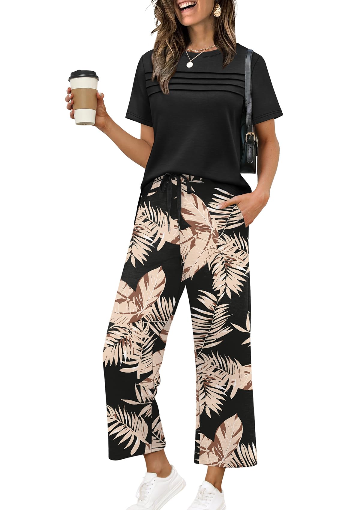 Two Piece Sets for Women Summer Spring Travel Vacation Outfits Short Sleeve Lounge Sets Side Slit Wide Leg Pants S-3XL