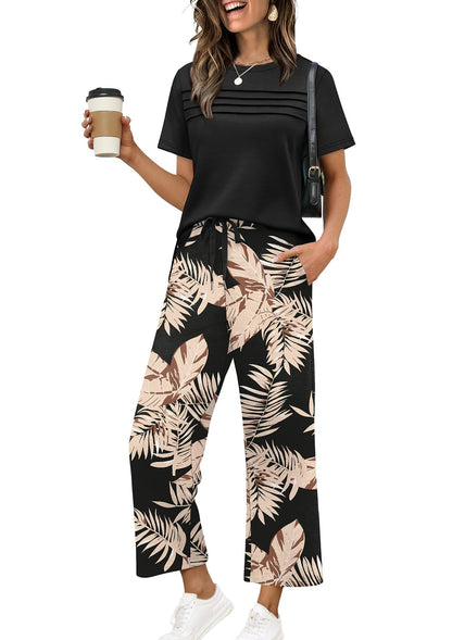 Two Piece Sets for Women Summer Spring Travel Vacation Outfits Short Sleeve Lounge Sets Side Slit Wide Leg Pants S-3XL