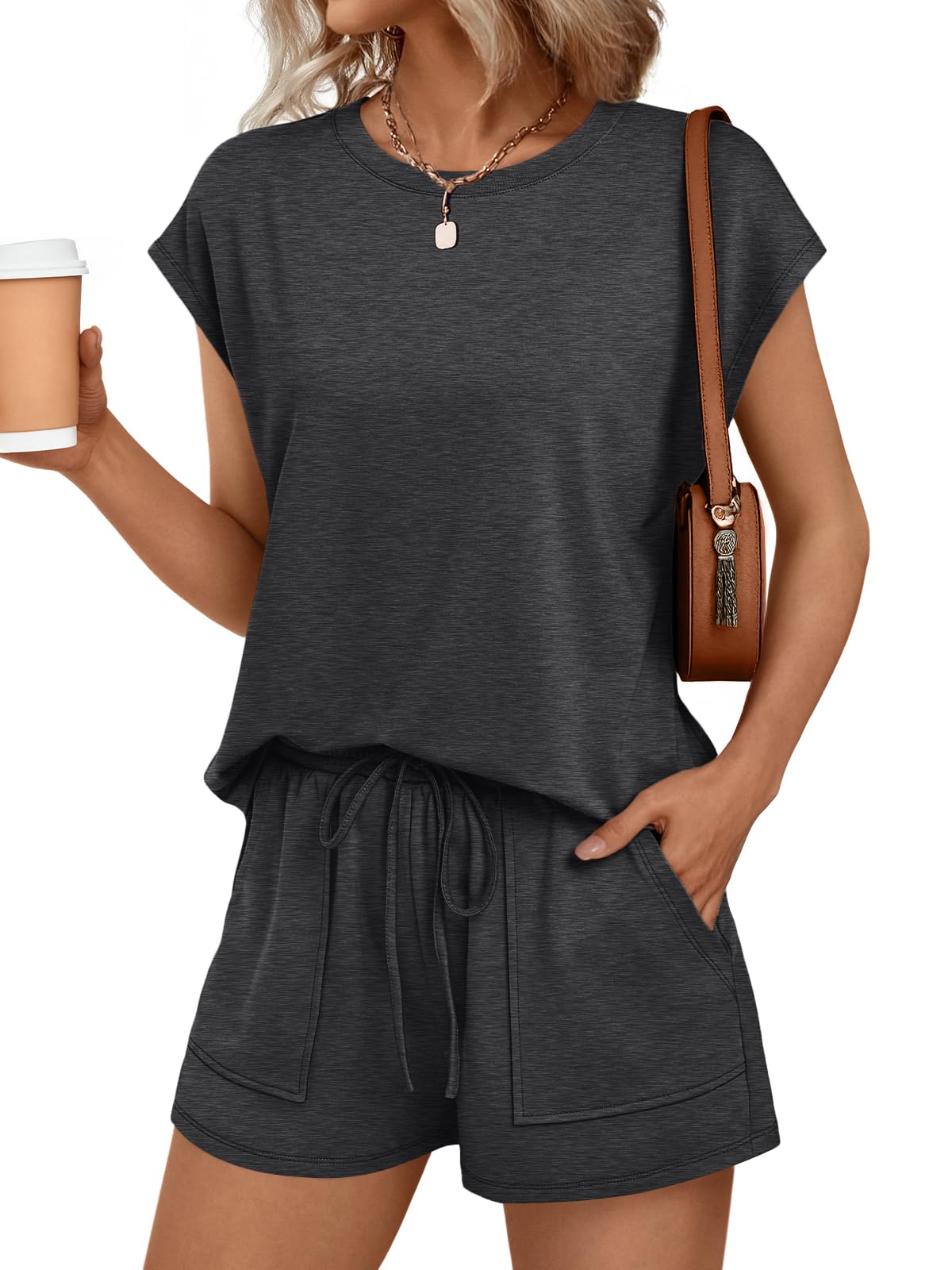 Womens Crew Neck Two Piece Short Sets Cap Sleeve Drawstring Summer Sweatsuit with Pocket