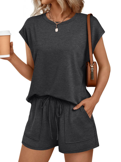 Womens Crew Neck Two Piece Short Sets Cap Sleeve Drawstring Summer Sweatsuit with Pocket