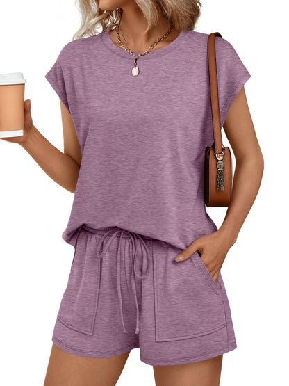 Womens Crew Neck Two Piece Short Sets Cap Sleeve Drawstring Summer Sweatsuit with Pocket
