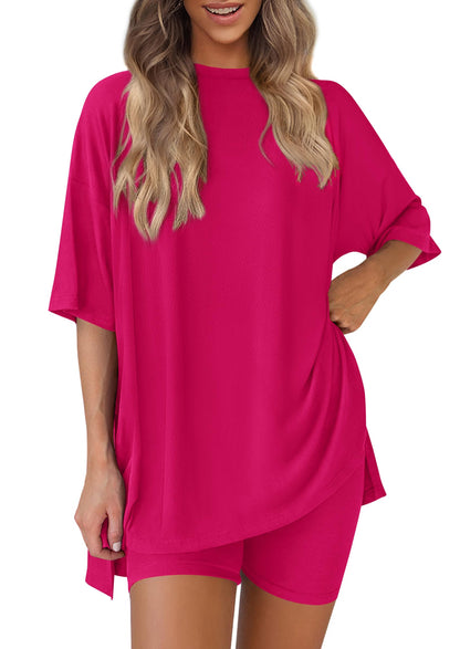 Women 2 Piece Lounge Set 2026 Summer Casual Oversized Shirts Biker Shorts Matching Airport Travel Outfit Clothes