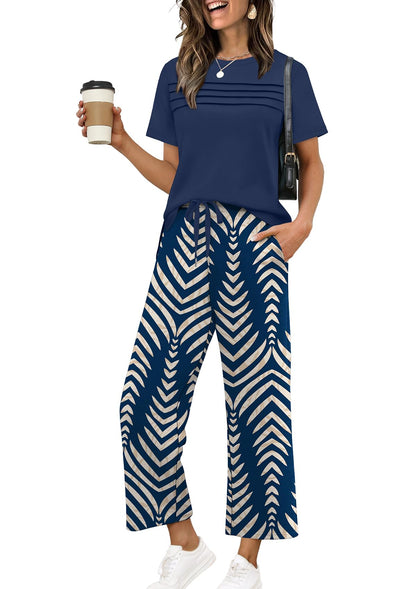 Two Piece Sets for Women Summer Spring Travel Vacation Outfits Short Sleeve Lounge Sets Side Slit Wide Leg Pants S-3XL