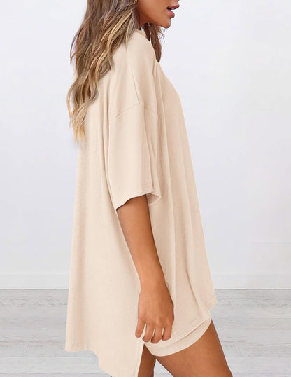 Women 2 Piece Lounge Set 2026 Summer Casual Oversized Shirts Biker Shorts Matching Airport Travel Outfit Clothes
