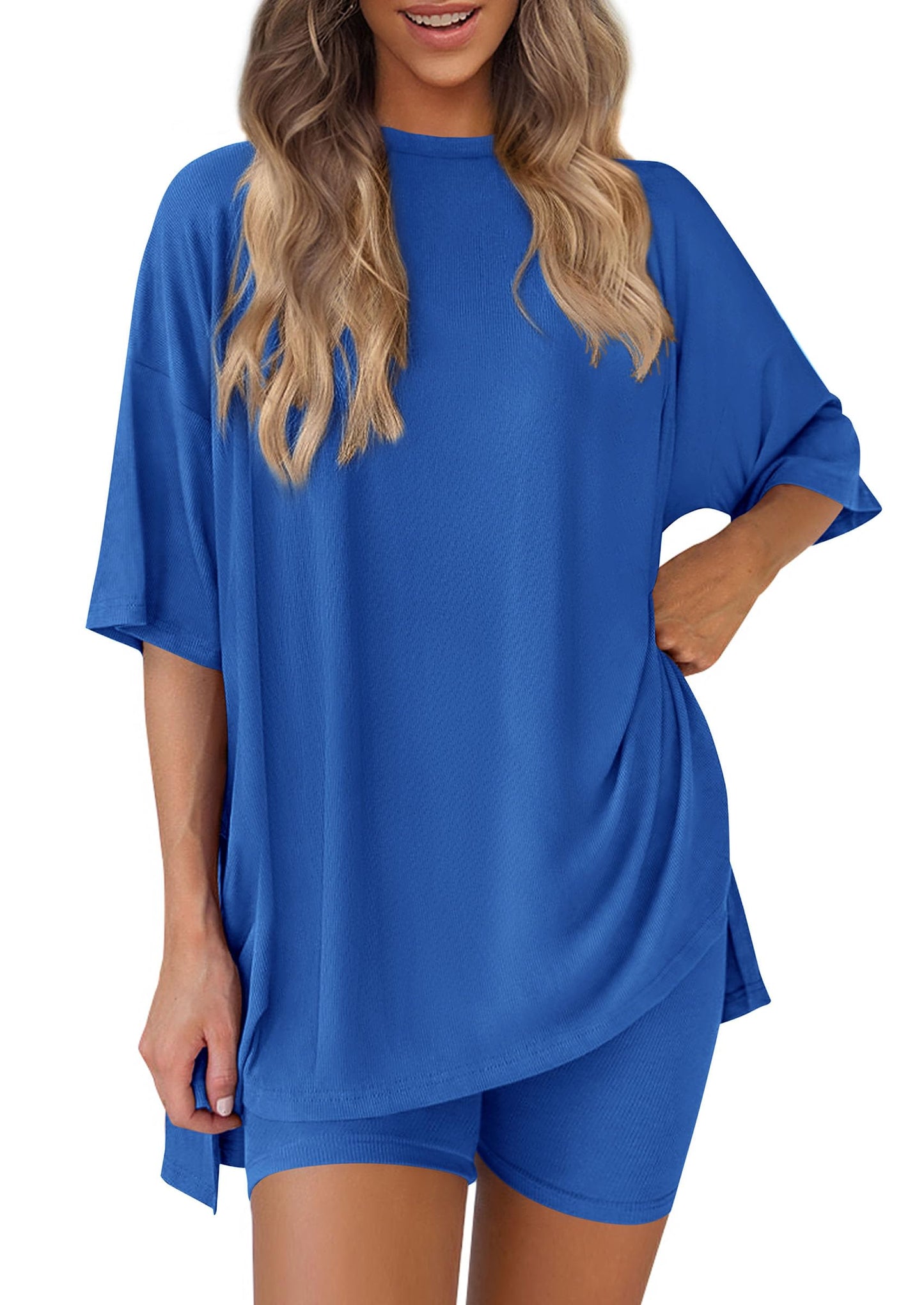 Women 2 Piece Lounge Set 2026 Summer Casual Oversized Shirts Biker Shorts Matching Airport Travel Outfit Clothes