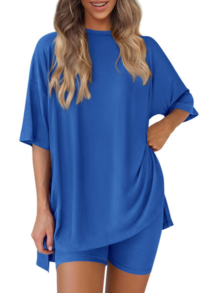 Women 2 Piece Lounge Set 2026 Summer Casual Oversized Shirts Biker Shorts Matching Airport Travel Outfit Clothes
