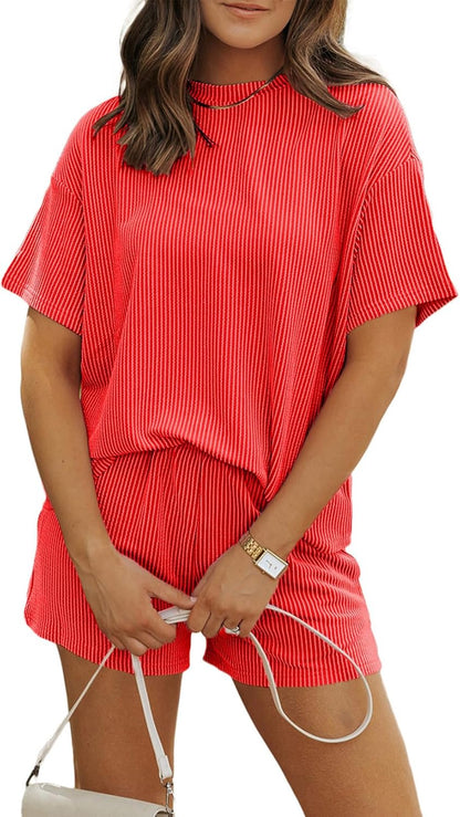 Women 2 Piece Shorts Set 2026 Casual Summer Cruise Outfits Ribbed Loose Short Sleeve Pocket Matching Lounge Sets