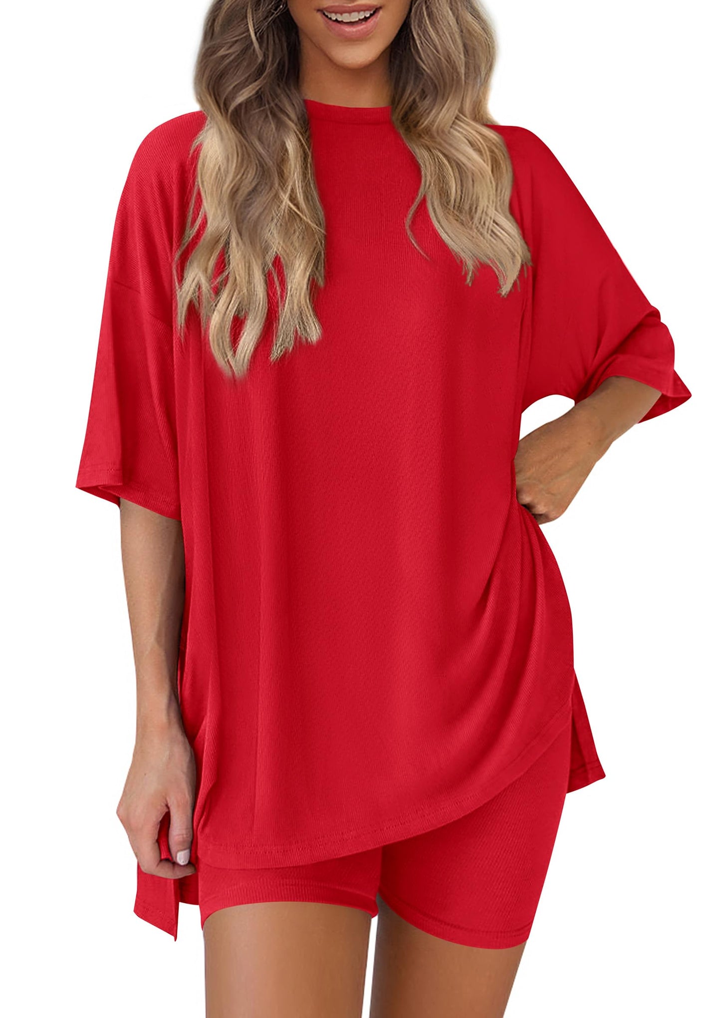 Women 2 Piece Lounge Set 2026 Summer Casual Oversized Shirts Biker Shorts Matching Airport Travel Outfit Clothes