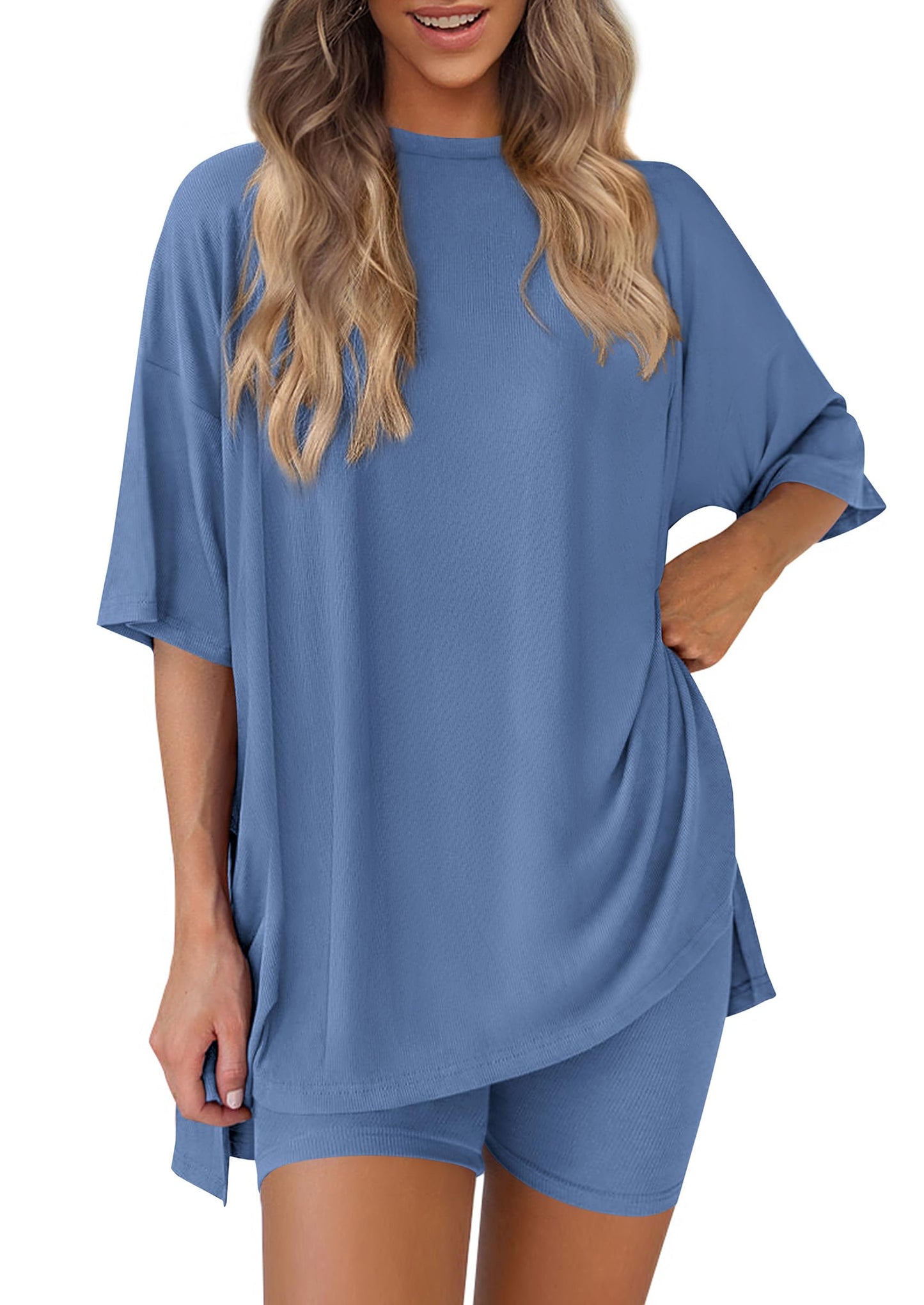 Women 2 Piece Lounge Set 2026 Summer Casual Oversized Shirts Biker Shorts Matching Airport Travel Outfit Clothes