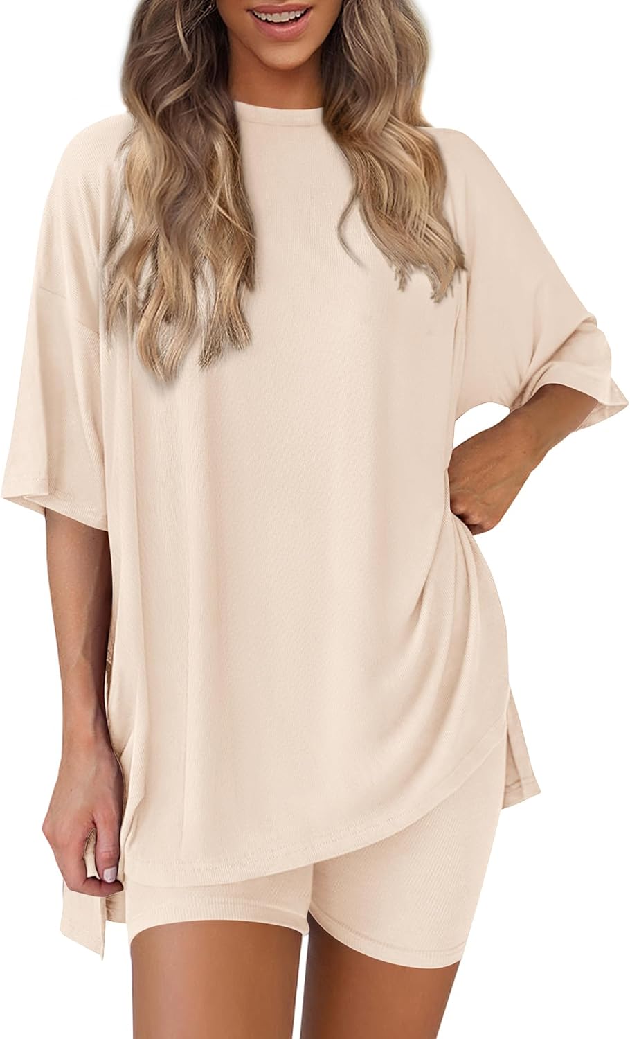 Women 2 Piece Lounge Set 2026 Summer Casual Oversized Shirts Biker Shorts Matching Airport Travel Outfit Clothes