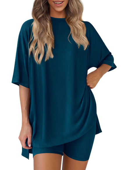 Women 2 Piece Lounge Set 2026 Summer Casual Oversized Shirts Biker Shorts Matching Airport Travel Outfit Clothes