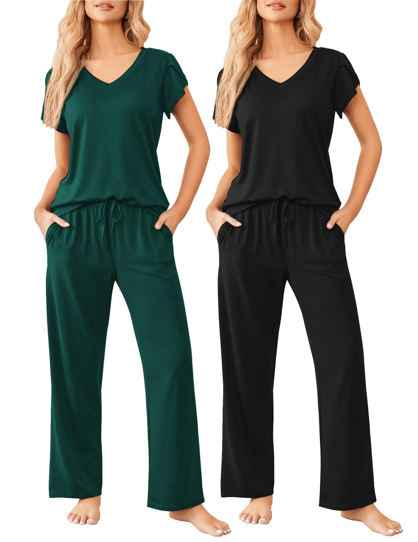 2 Pack Womens Pajamas Short Sleeve Sleepwear Top with Pants Super-Soft Printed Lounge Sets S-XXL