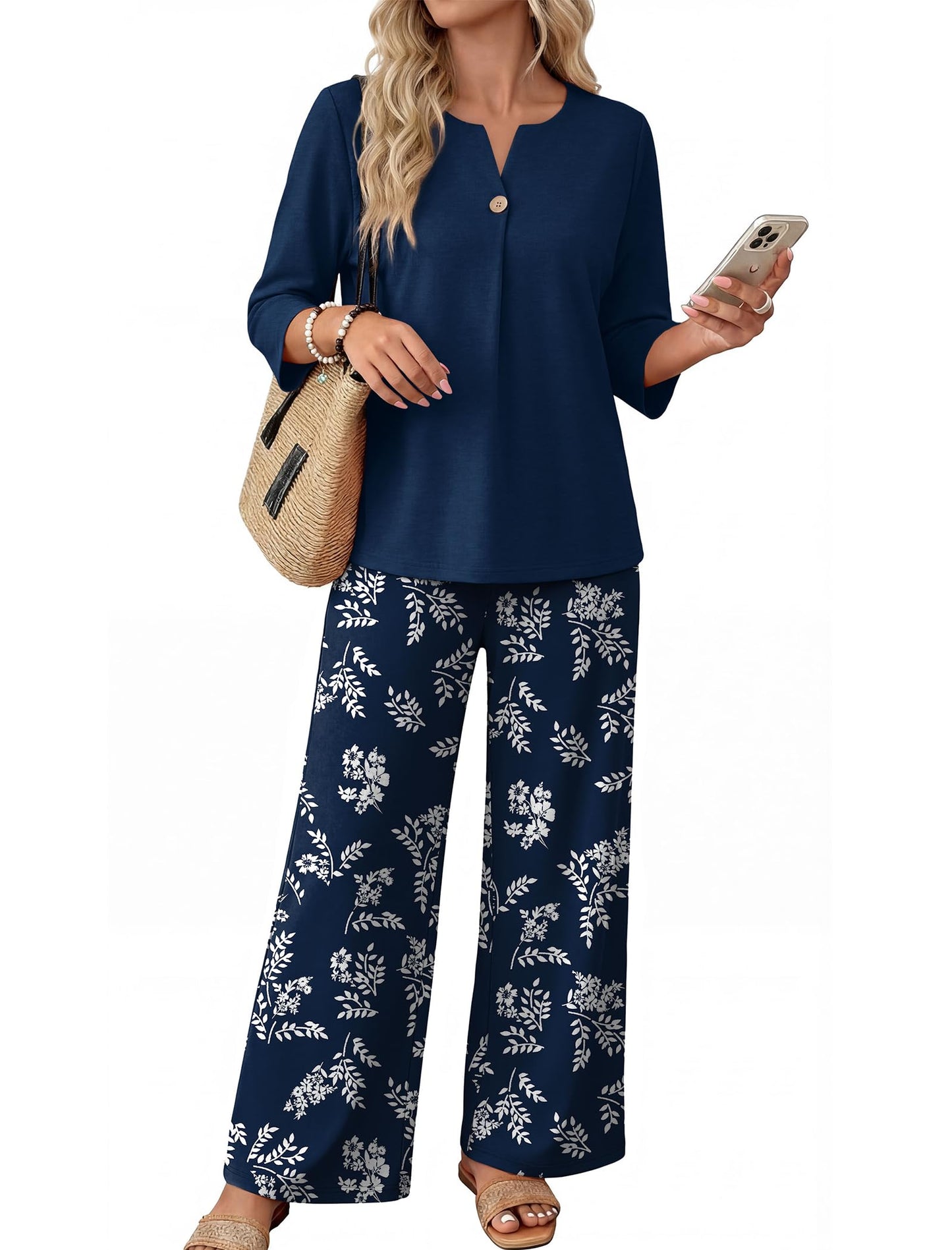 Two Piece Sets for Women 3/4 Length Sleeve Lounge Sets Summer Spring Vacation Travel Outfits Fashion Clothing