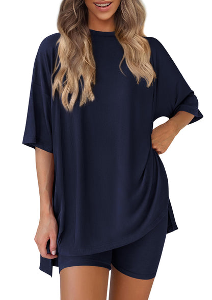 Women 2 Piece Lounge Set 2026 Summer Casual Oversized Shirts Biker Shorts Matching Airport Travel Outfit Clothes
