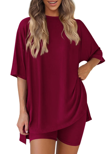 Women 2 Piece Lounge Set 2026 Summer Casual Oversized Shirts Biker Shorts Matching Airport Travel Outfit Clothes