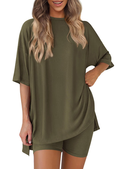 Women 2 Piece Lounge Set 2026 Summer Casual Oversized Shirts Biker Shorts Matching Airport Travel Outfit Clothes