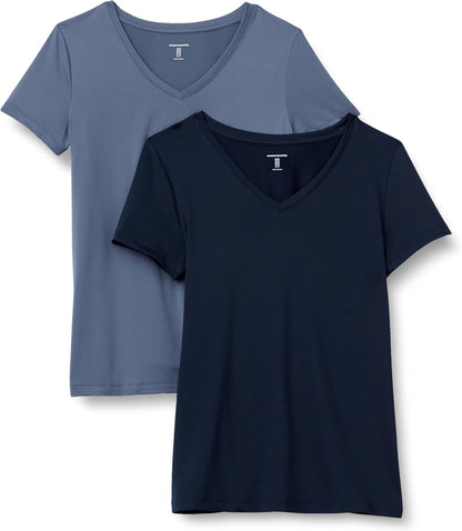 Amazon Essentials Women's Active Quick Dry Tech Stretch Short-Sleeve V-Neck T-Shirt (Available in Plus Size), Pack of 2