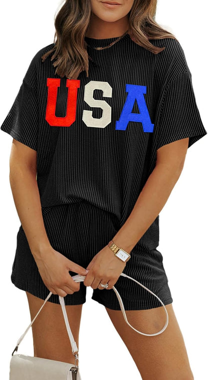Women 2 Piece Shorts Set 2026 Casual Summer Cruise Outfits Ribbed Loose Short Sleeve Pocket Matching Lounge Sets