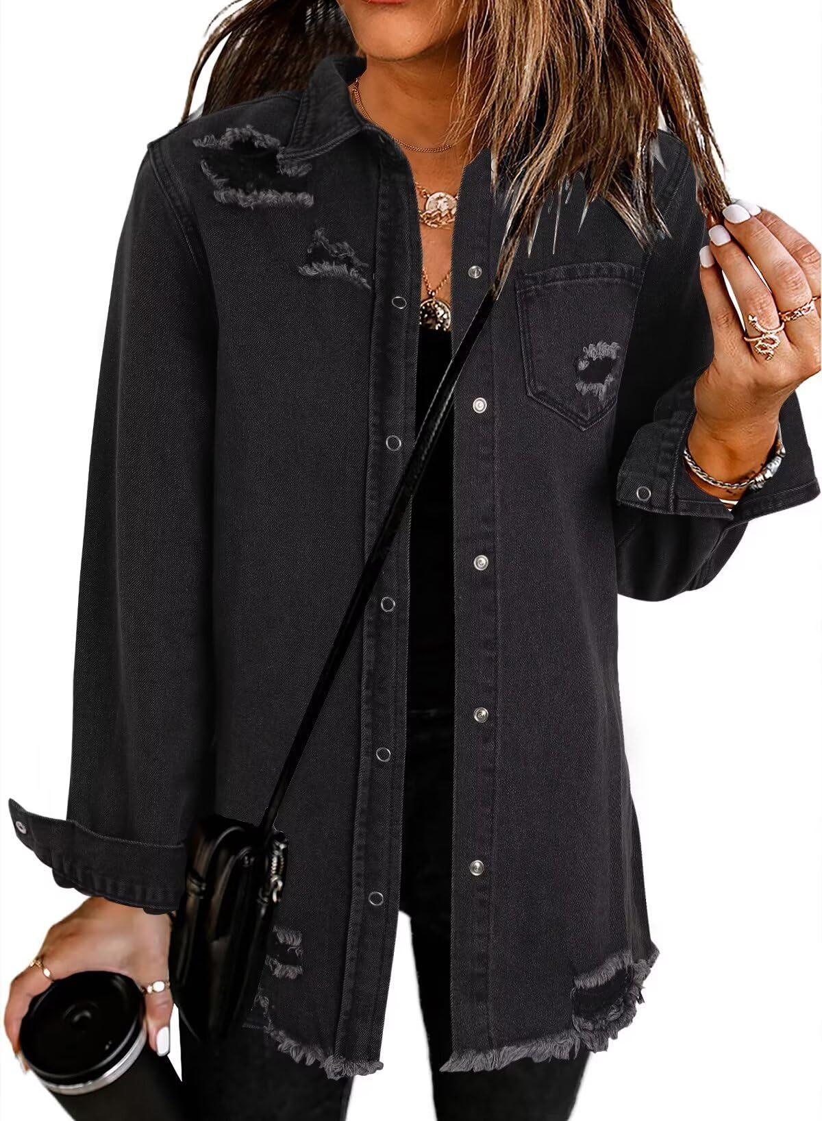Women's Oversized Denim Jacket Casual Long Sleeve Denim Shirts Distresse Jean Jacket