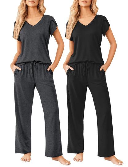 2 Pack Womens Pajamas Short Sleeve Sleepwear Top with Pants Super-Soft Printed Lounge Sets S-XXL