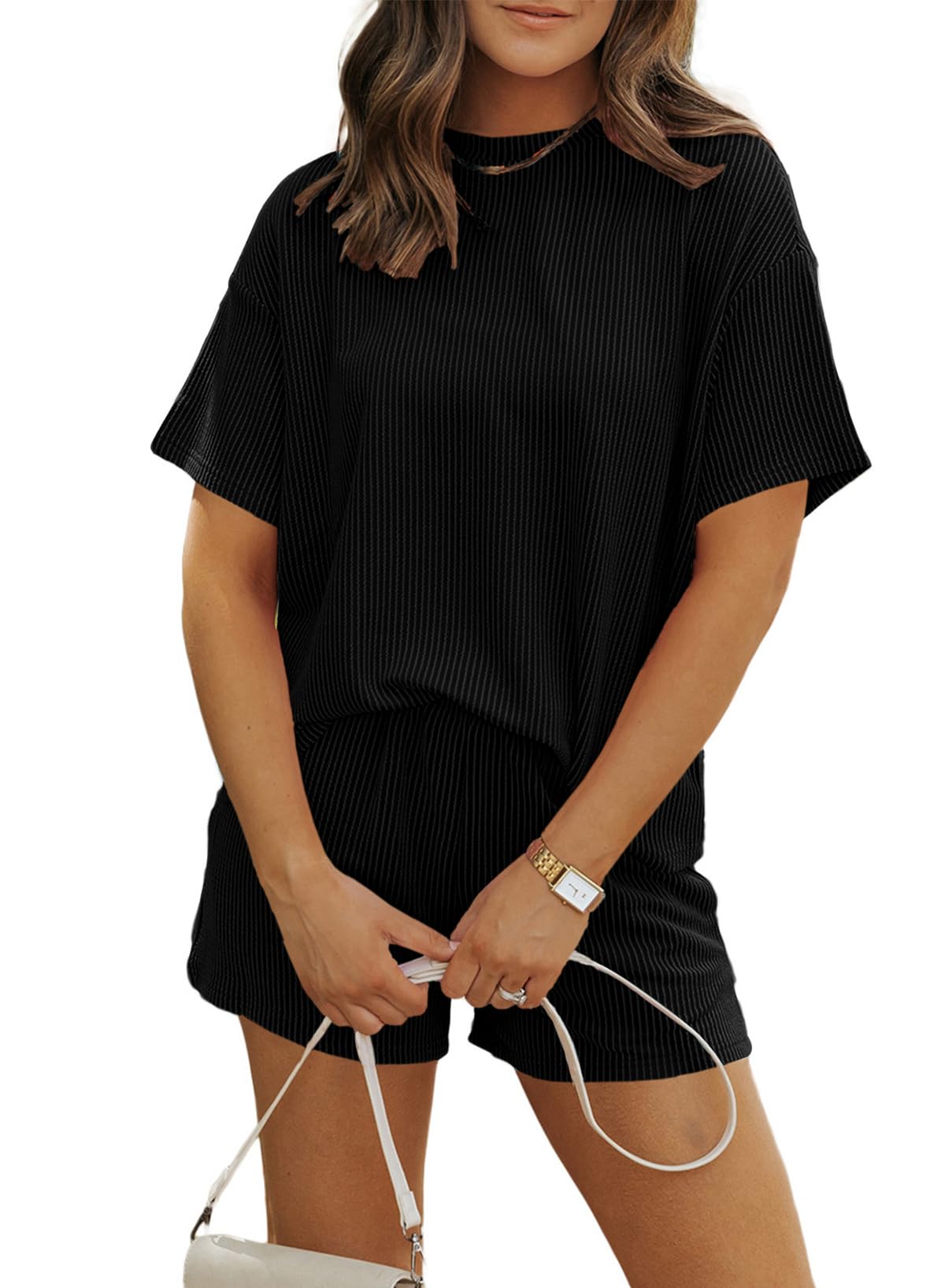 Women 2 Piece Shorts Set 2026 Casual Summer Cruise Outfits Ribbed Loose Short Sleeve Pocket Matching Lounge Sets