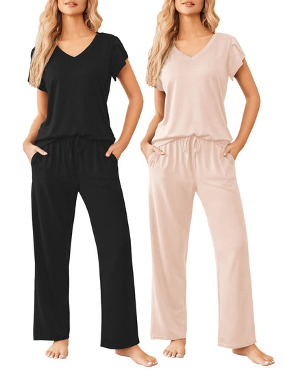 2 Pack Womens Pajamas Short Sleeve Sleepwear Top with Pants Super-Soft Printed Lounge Sets S-XXL