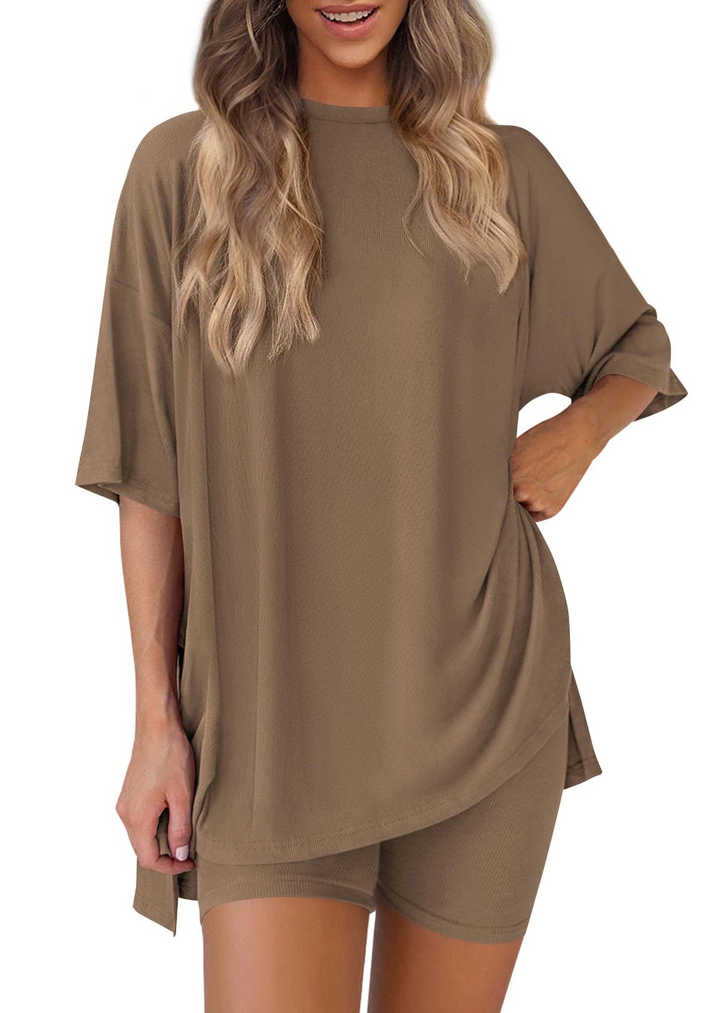Women 2 Piece Lounge Set 2026 Summer Casual Oversized Shirts Biker Shorts Matching Airport Travel Outfit Clothes