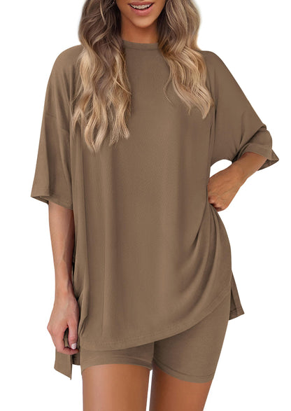 Women 2 Piece Lounge Set 2026 Summer Casual Oversized Shirts Biker Shorts Matching Airport Travel Outfit Clothes