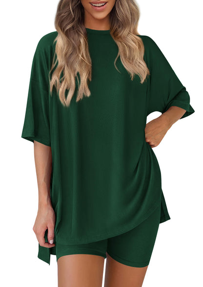 Women 2 Piece Lounge Set 2026 Summer Casual Oversized Shirts Biker Shorts Matching Airport Travel Outfit Clothes