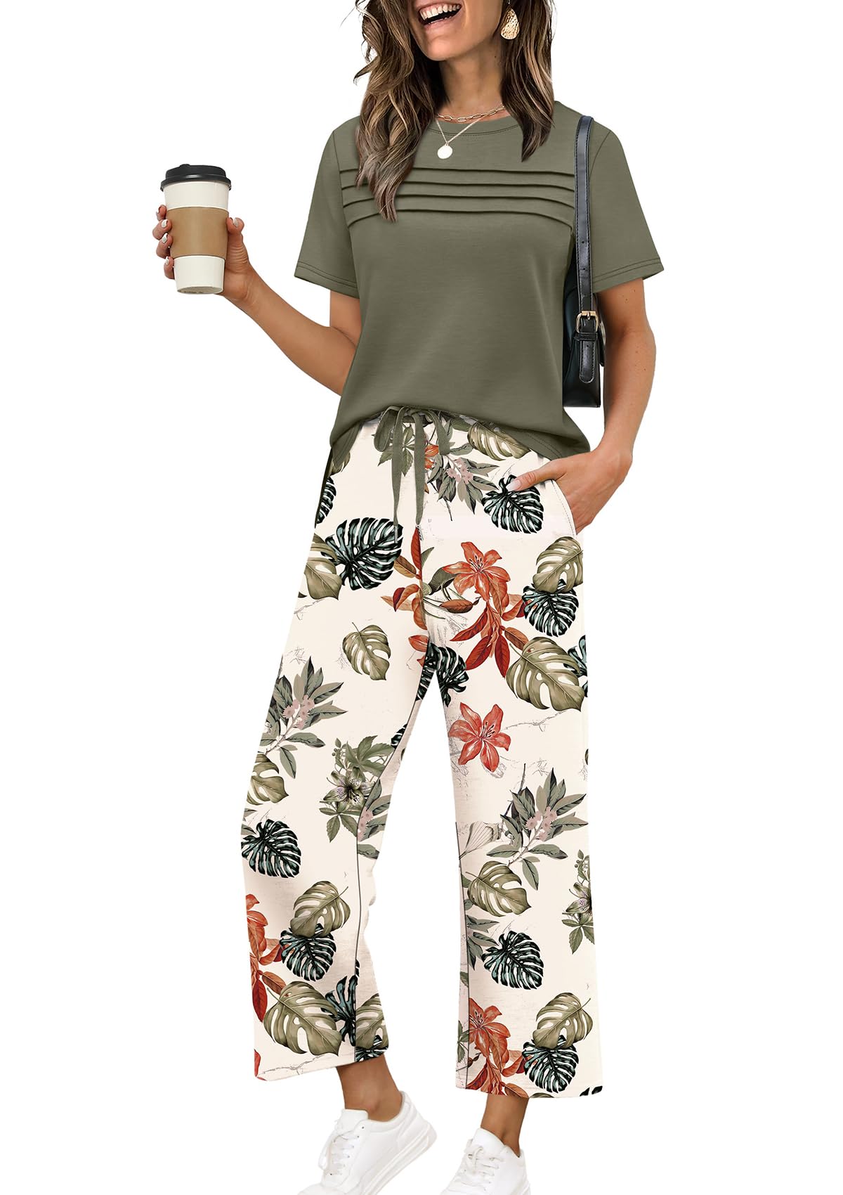 Two Piece Sets for Women Summer Spring Travel Vacation Outfits Short Sleeve Lounge Sets Side Slit Wide Leg Pants S-3XL
