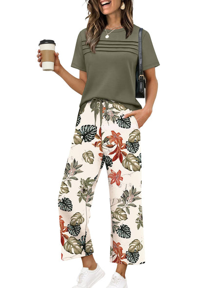 Two Piece Sets for Women Summer Spring Travel Vacation Outfits Short Sleeve Lounge Sets Side Slit Wide Leg Pants S-3XL