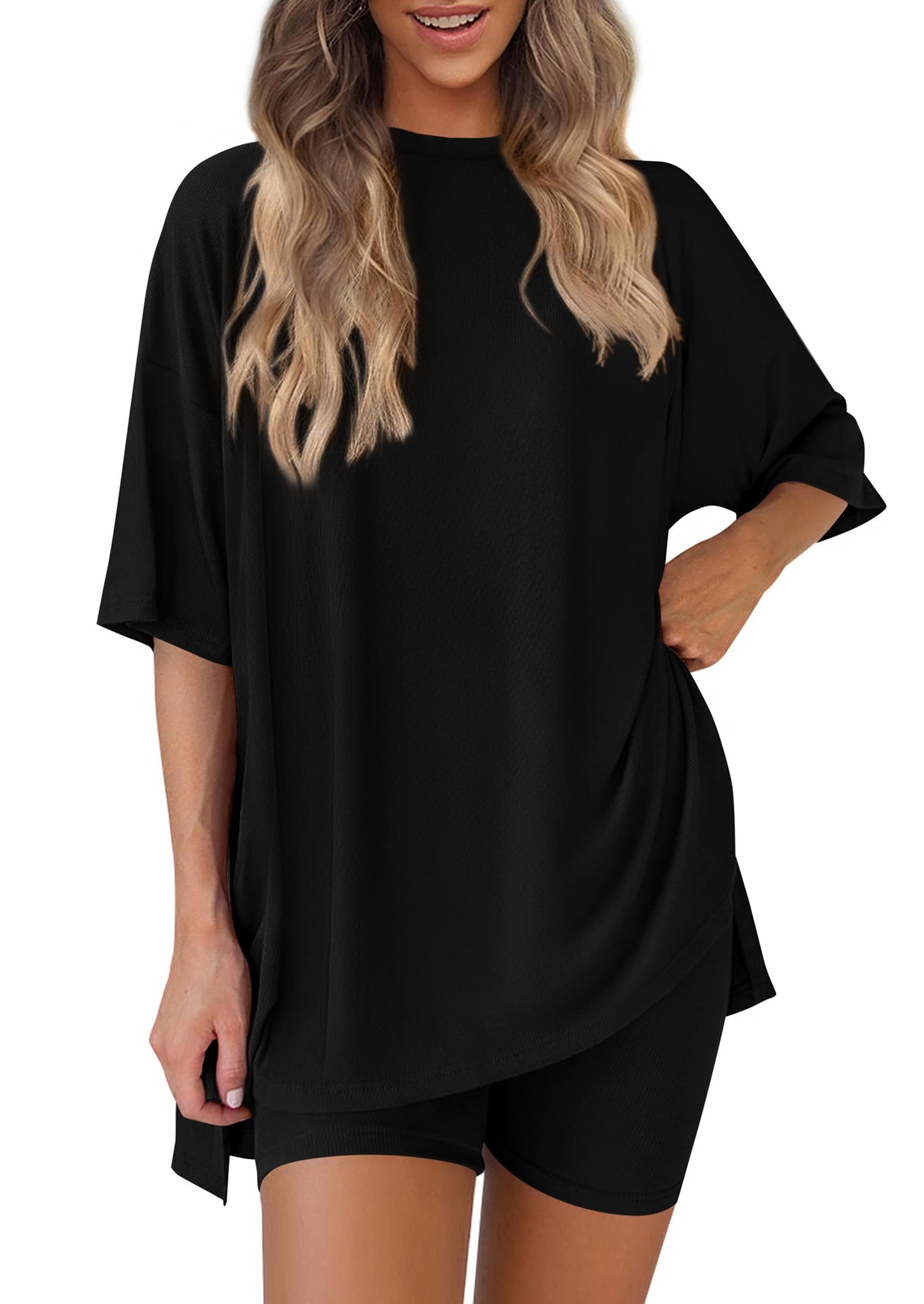 Women 2 Piece Lounge Set 2026 Summer Casual Oversized Shirts Biker Shorts Matching Airport Travel Outfit Clothes