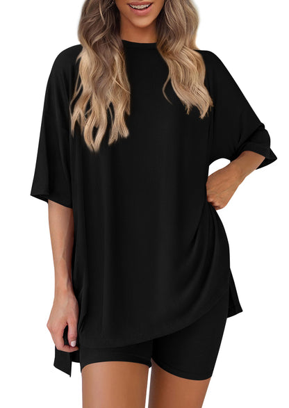 Women 2 Piece Lounge Set 2026 Summer Casual Oversized Shirts Biker Shorts Matching Airport Travel Outfit Clothes