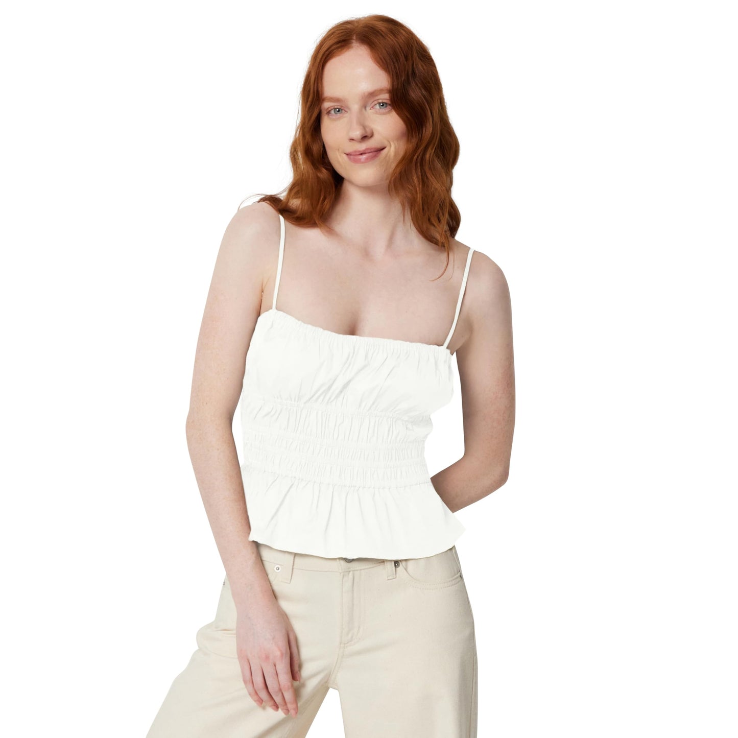 Amazon Essentials Women's Regular-Fit Smocked Cotton Stretch Poplin Tank