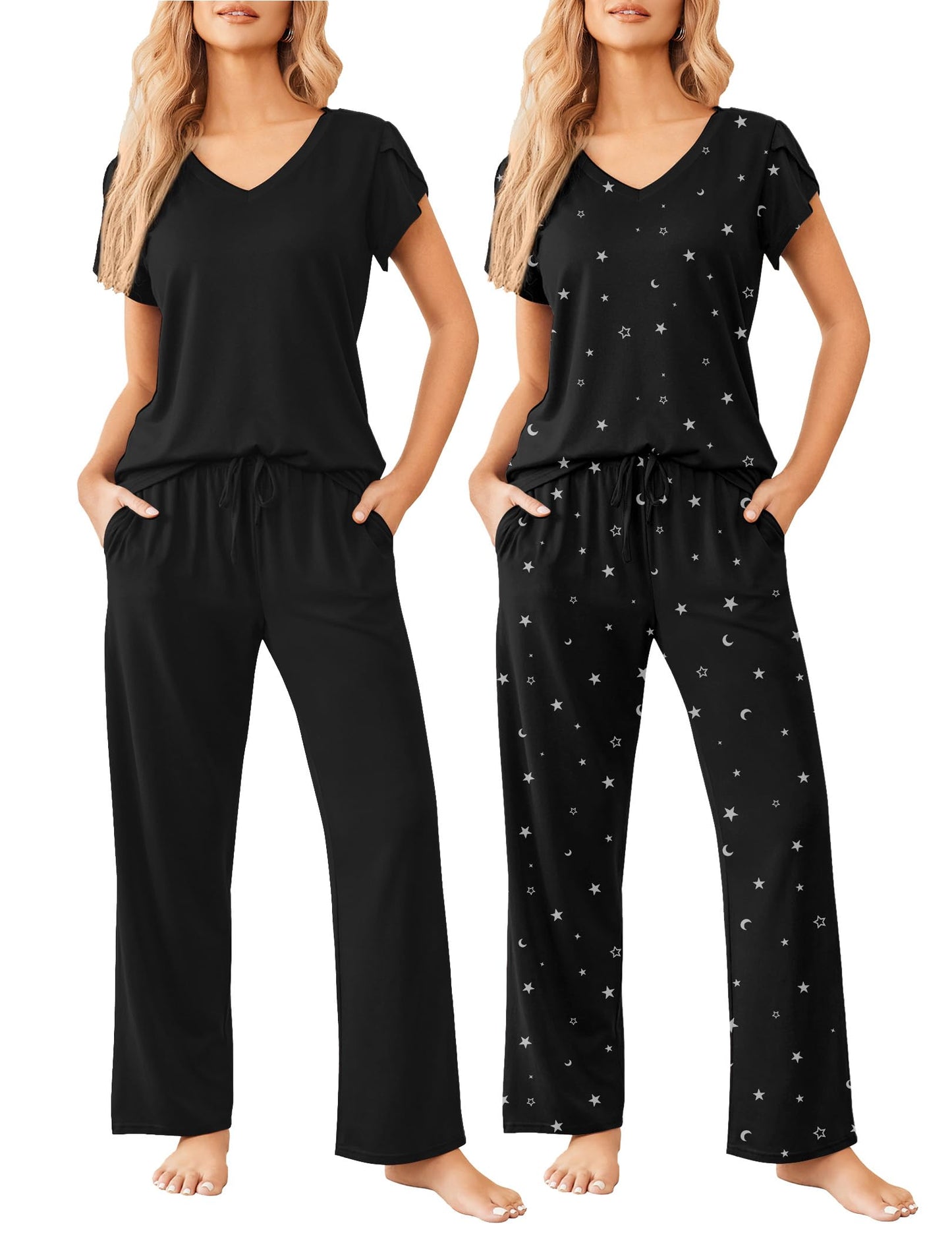 2 Pack Womens Pajamas Short Sleeve Sleepwear Top with Pants Super-Soft Printed Lounge Sets S-XXL