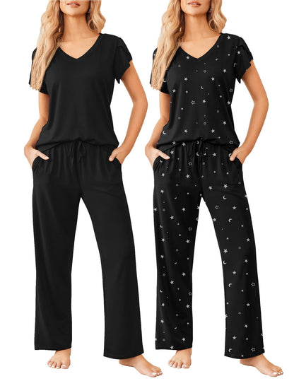 2 Pack Womens Pajamas Short Sleeve Sleepwear Top with Pants Super-Soft Printed Lounge Sets S-XXL