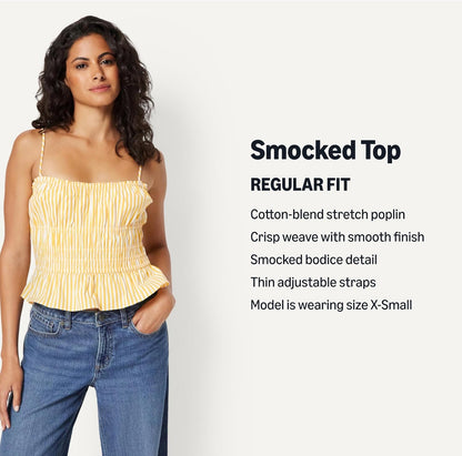 Amazon Essentials Women's Regular-Fit Smocked Cotton Stretch Poplin Tank