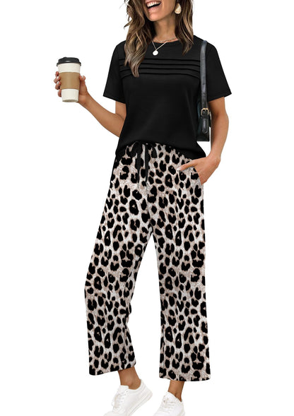 Two Piece Sets for Women Summer Spring Travel Vacation Outfits Short Sleeve Lounge Sets Side Slit Wide Leg Pants S-3XL