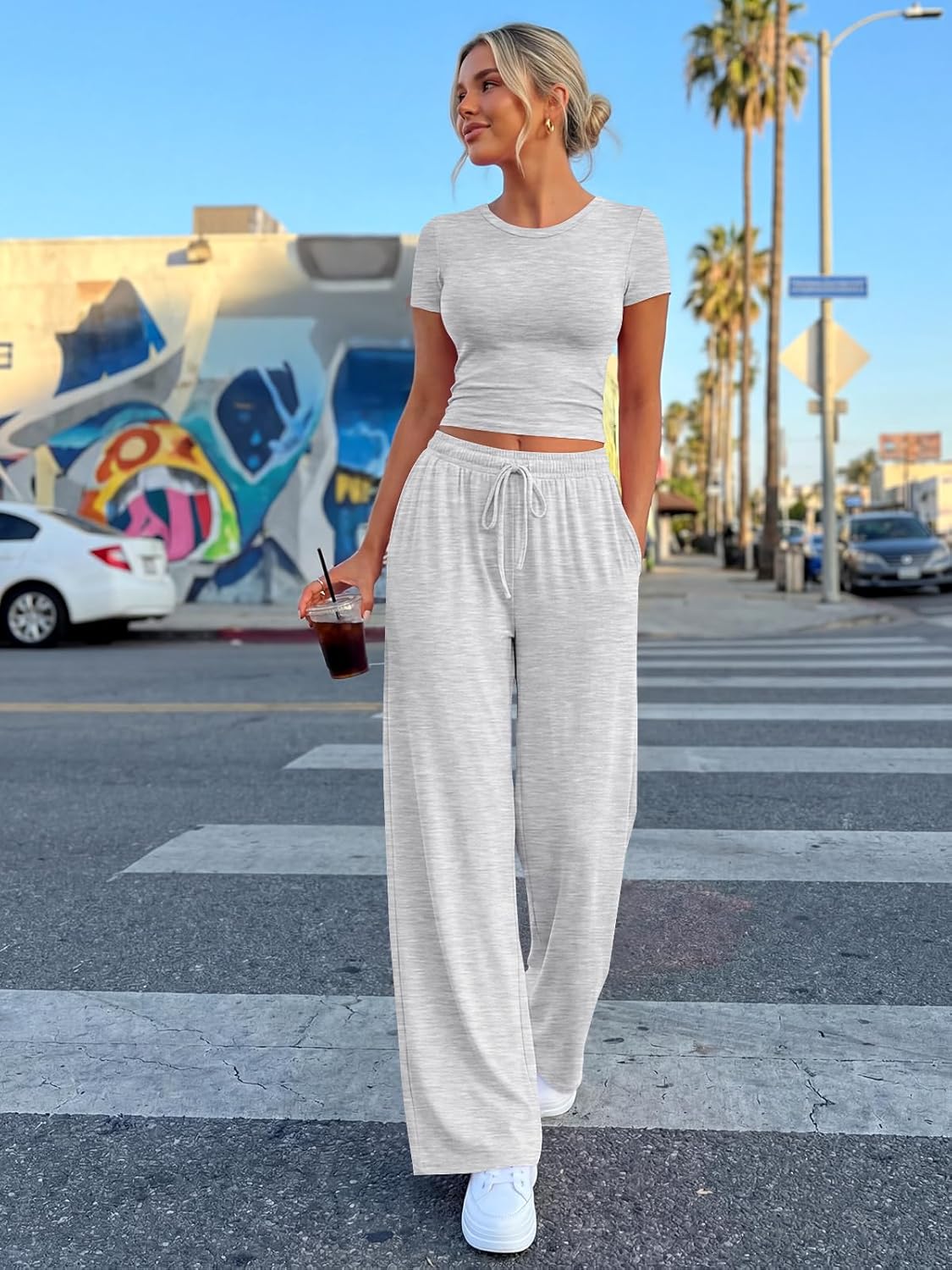 2 Piece Matching Summer Lounge Set Womens Side Ruching Top Wide Leg Pants Sets with Pockets