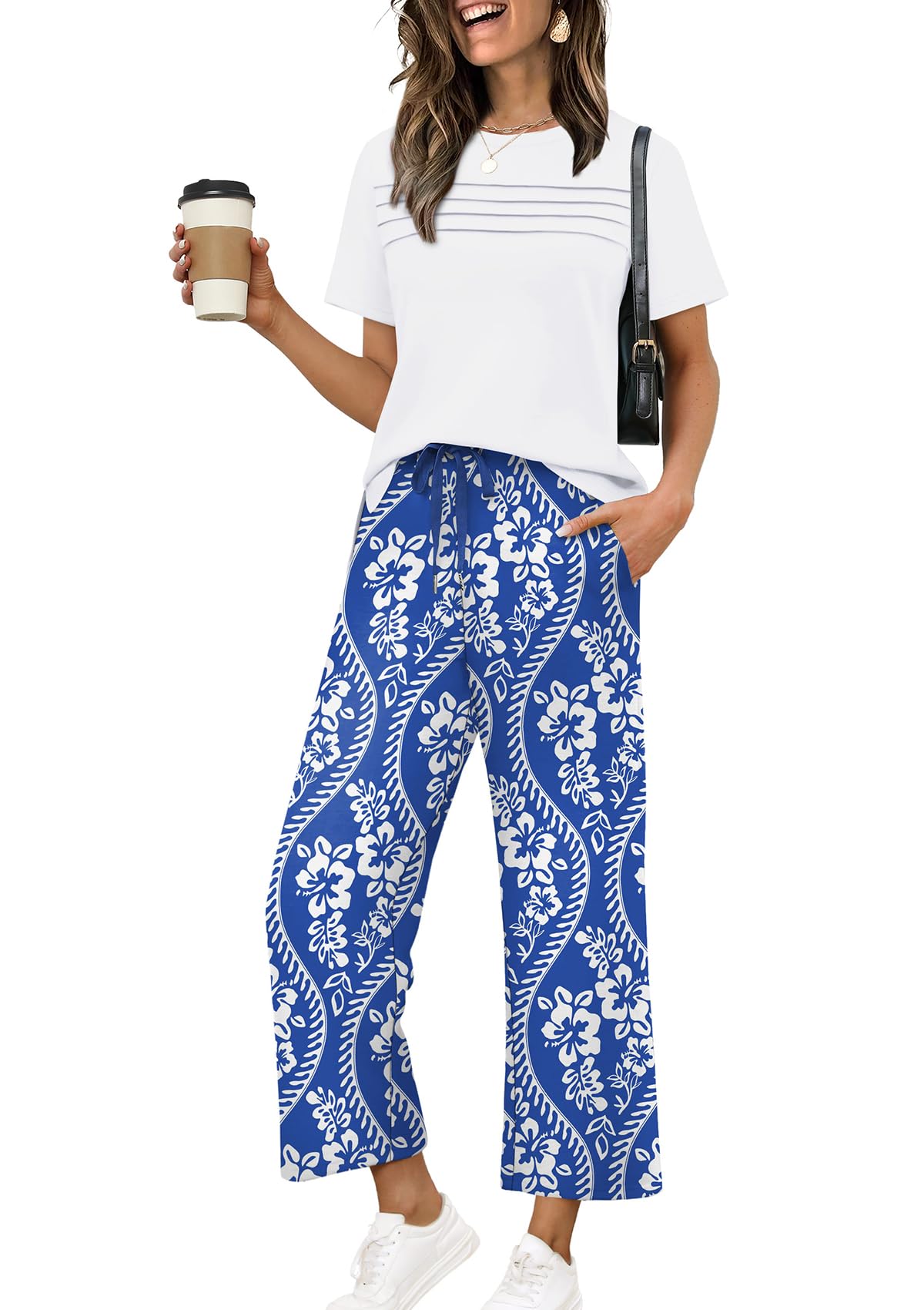 Two Piece Sets for Women Summer Spring Travel Vacation Outfits Short Sleeve Lounge Sets Side Slit Wide Leg Pants S-3XL