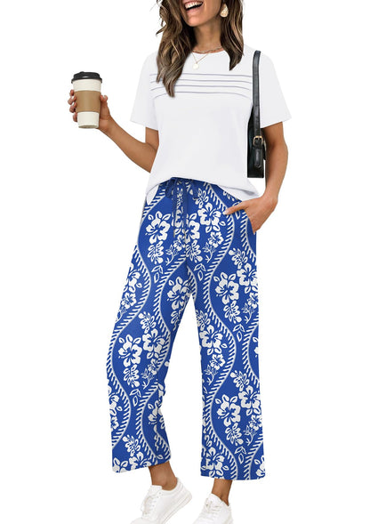 Two Piece Sets for Women Summer Spring Travel Vacation Outfits Short Sleeve Lounge Sets Side Slit Wide Leg Pants S-3XL