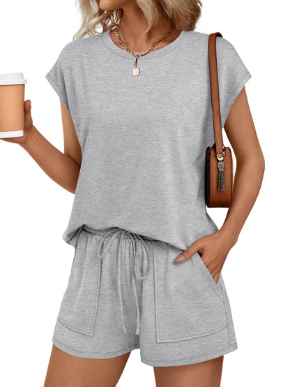 Womens Crew Neck Two Piece Short Sets Cap Sleeve Drawstring Summer Sweatsuit with Pocket