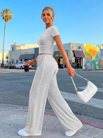 2 Piece Matching Summer Lounge Set Womens Side Ruching Top Wide Leg Pants Sets with Pockets