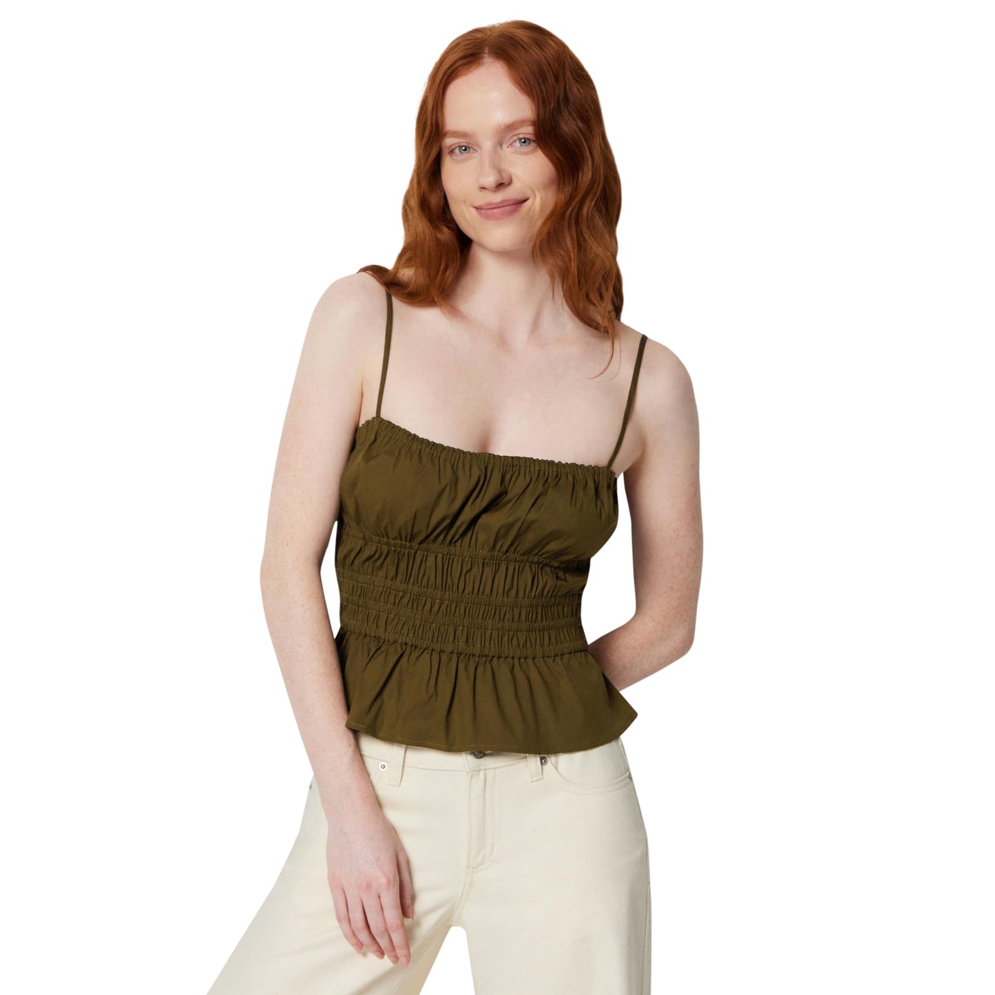 Amazon Essentials Women's Regular-Fit Smocked Cotton Stretch Poplin Tank