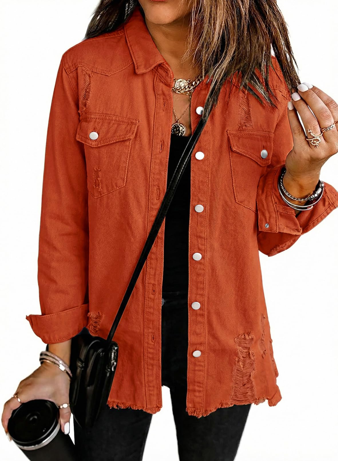 Women's Oversized Denim Jacket Casual Long Sleeve Denim Shirts Distresse Jean Jacket
