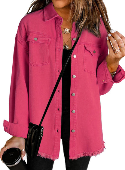 Women's Oversized Denim Jacket Casual Long Sleeve Denim Shirts Distresse Jean Jacket